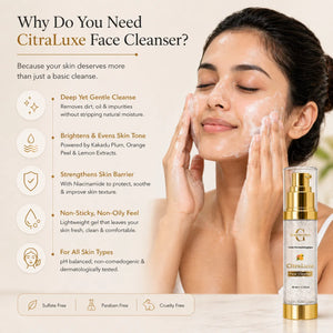 Woman applying CitraLuxe Face Cleanser with product packaging on a beige background