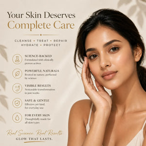 Woman with smooth skin and skincare product features on a beige background