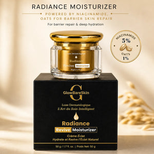 GlowBareSkin Radiance Revive Moisturizer with niacinamide and oats in a gold jar with black packaging, designed for barrier repair, hydration, and radiant skin