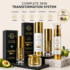 GlowBareSkin complete skincare range including face cleanser, day and night serums, moisturizer, and sunscreen displayed together as a full skin transformation system