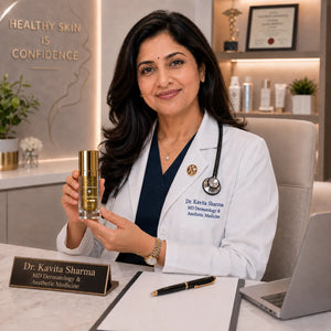 Doctor holding a skincare product in an office setting with GlowBareSkin LumiSkin Day Elixir