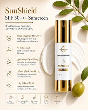 SunShield SPF 30+++ sunscreen bottle with green leaves on a beige background