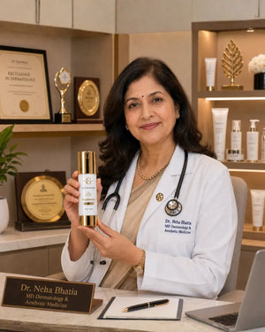 Doctor holding a skincare product in a professional setting with awards and shelves in the background