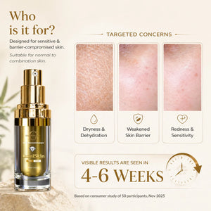 Gold skincare serum bottle with targeted concerns for skin issues on a beige background