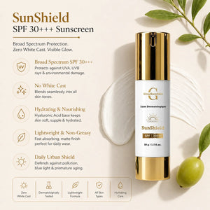SunShield SPF 30+++ sunscreen bottle with product details on a light background