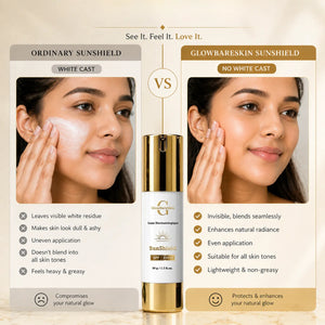 Comparison of Ordinary Sunshield with GlowBareskin Sunshield on a woman's face, highlighting benefits and drawbacks.