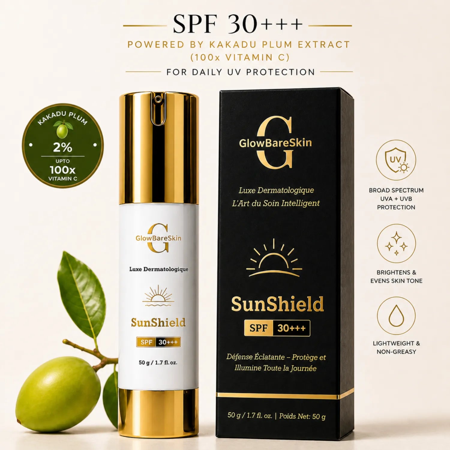 GlowBareSkin SunShield SPF 30+++ sunscreen with Kakadu plum extract in a gold and white bottle with black packaging, offering broad spectrum UV protection and skin brightening benefits