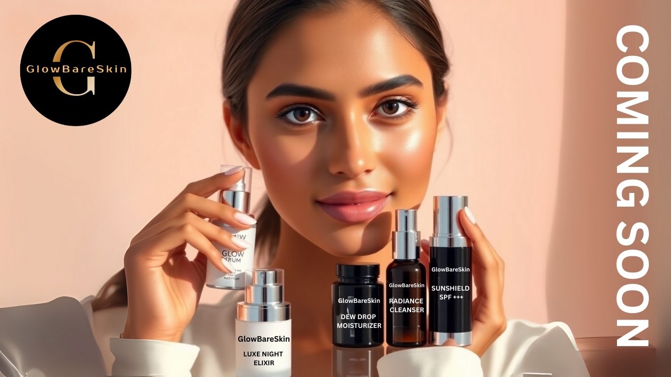 Woman holding skincare products with 'GlowBareSkin' branding and 'Coming Soon' text on a pink background.