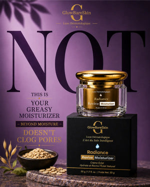 GlowBareSkin moisturizer jar with gold cap on a purple background