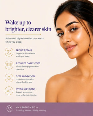 Advertisement for skin care product with a woman's face and text about skincare benefits.
