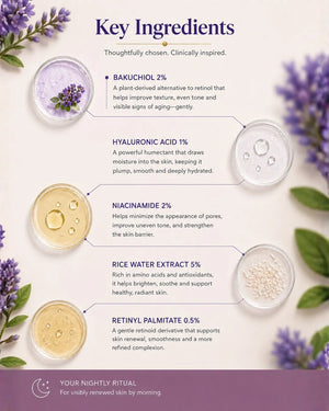 Product packaging with key ingredients and floral elements on a white background
