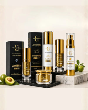 Collection of skincare products with 'Glowing Skin' branding on a marble surface.
