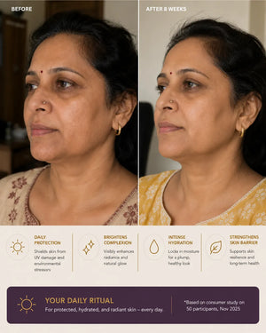 Before and after comparison of a woman's face with text about skincare benefits and daily ritual.
