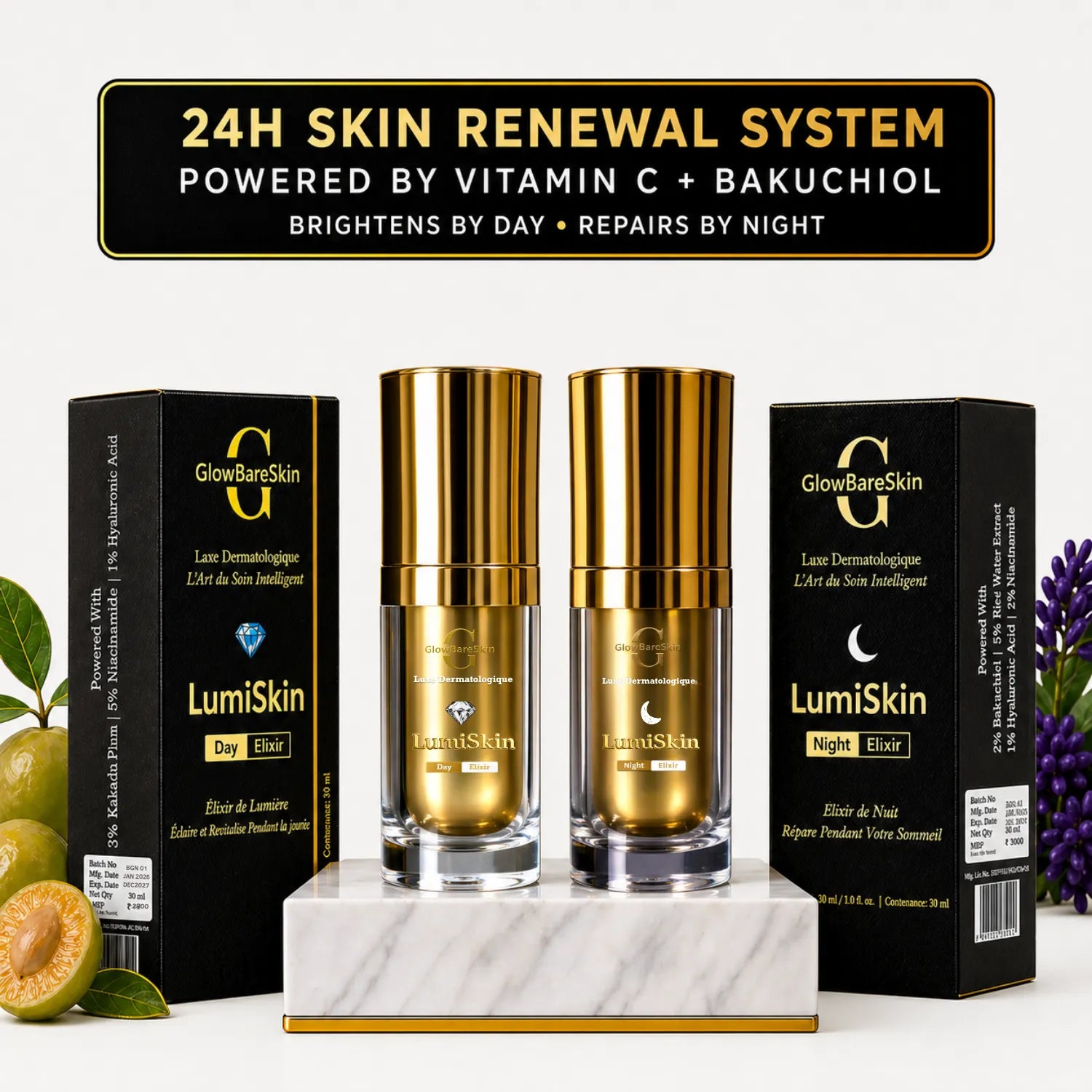 GlowBareSkin LumiSkin Day and Night Elixir combo with vitamin C and bakuchiol, 24-hour skincare system for brightening, anti-aging, and skin repair