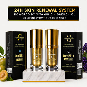 GlowBareSkin LumiSkin Day and Night Elixir combo with vitamin C and bakuchiol, 24-hour skincare system for brightening, anti-aging, and skin repair