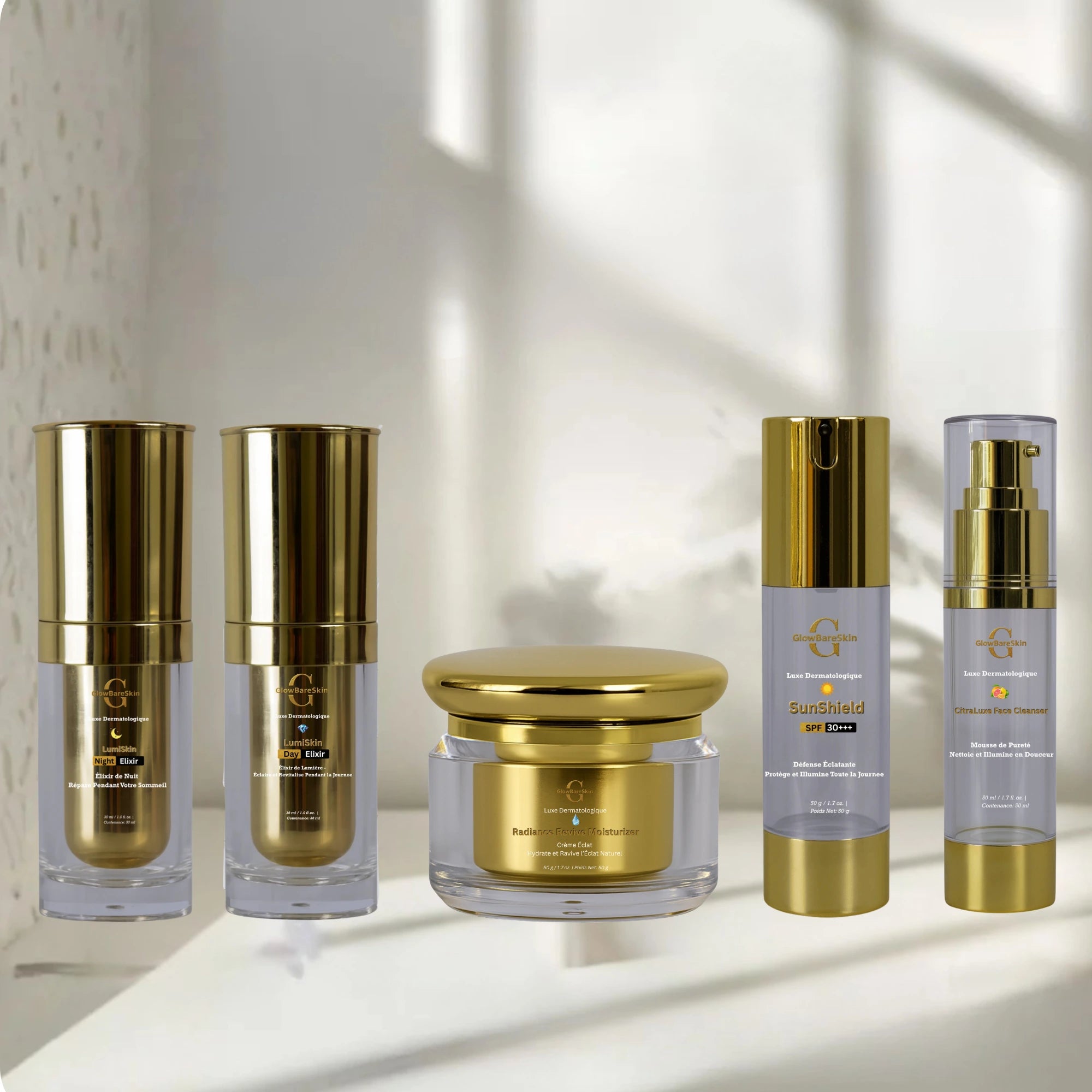 GlowBareSkin Éclat Full Set | LumiSkin Day & Night Élixirs + Moisturizer + UV Shield + Cleanser | 5-Step Routine