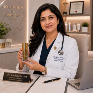 Doctor holding a GlowBareSkin LumsSkin Night Elixir product