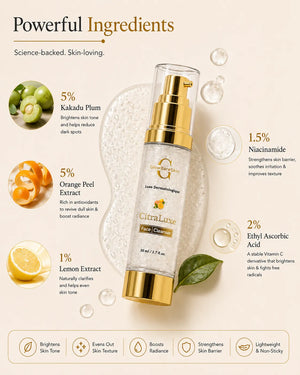 Ingredient infographic showing Kakadu Plum, Orange Peel Extract, Lemon Extract, Niacinamide and Ethyl Ascorbic Acid in GlowBareSkin CitraLuxe Face Cleanser for brighter, healthier-looking skin.