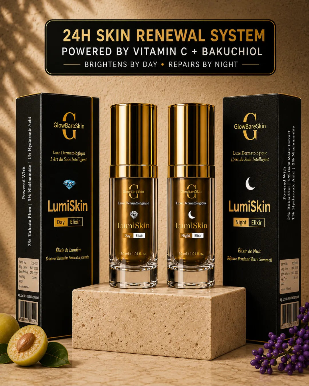 GlowBareSkin LumiSkin Day Elixir and Night Elixir in a luxury editorial display featuring Kakadu Plum Vitamin C and Bakuchiol serums for a complete 24-hour skin renewal routine that brightens by day and repairs overnight.