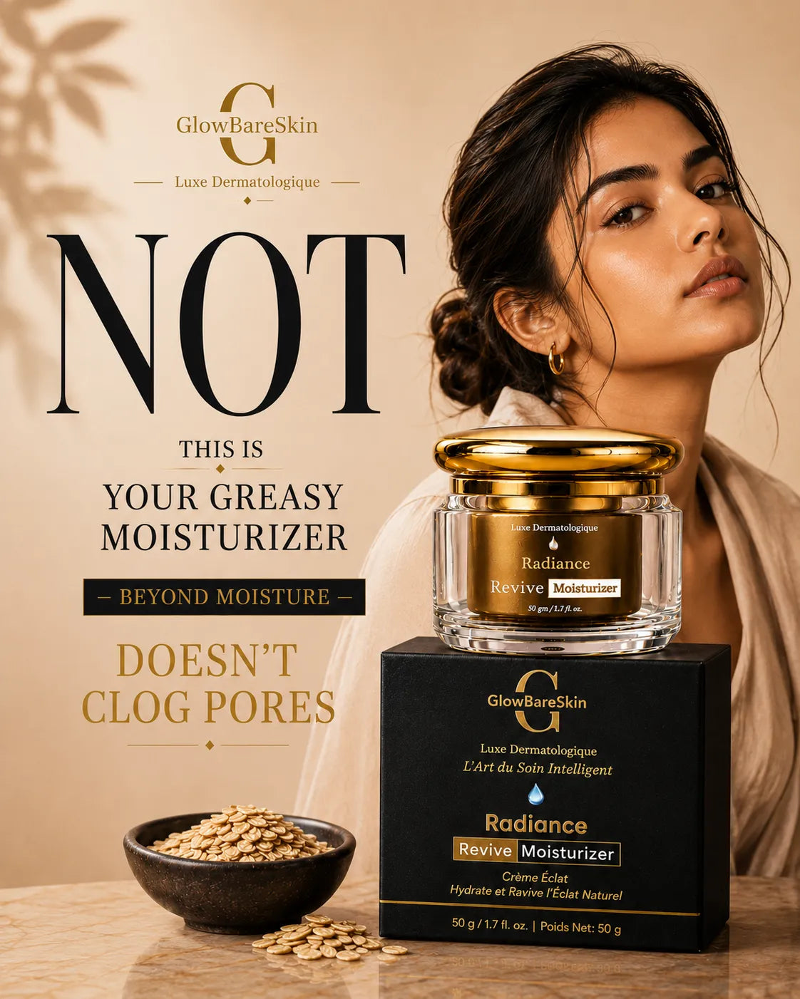 GlowBareSkin Radiance Revive Moisturizer in a luxury editorial skincare scene, lightweight non-comedogenic moisturizer that hydrates without clogging pores.