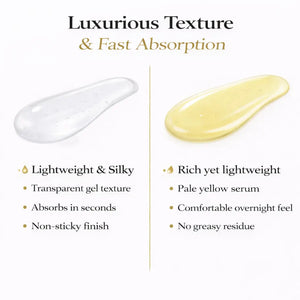 Two textures of a skincare product with descriptive text on a white background