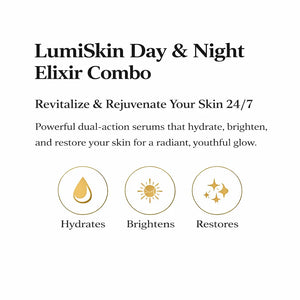 Advertisement for LumiSkin Day & Night Elixir Combo with text and icons on a white background.