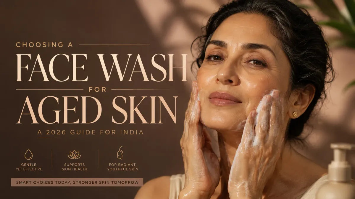 Middle-aged Indian woman gently cleansing her face with a foaming face wash, illustrating how to choose the best face wash for aged skin in India.