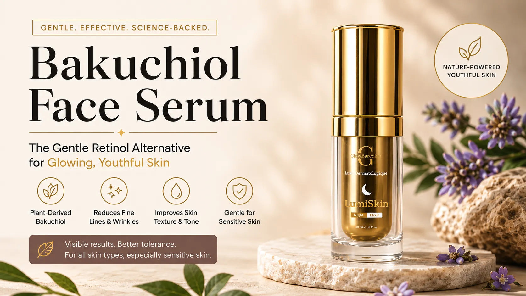 Bakuchiol Face Serum by GlowBareSkin LumiSkin Night Elixir, a gentle retinol alternative for smoother, youthful-looking skin.