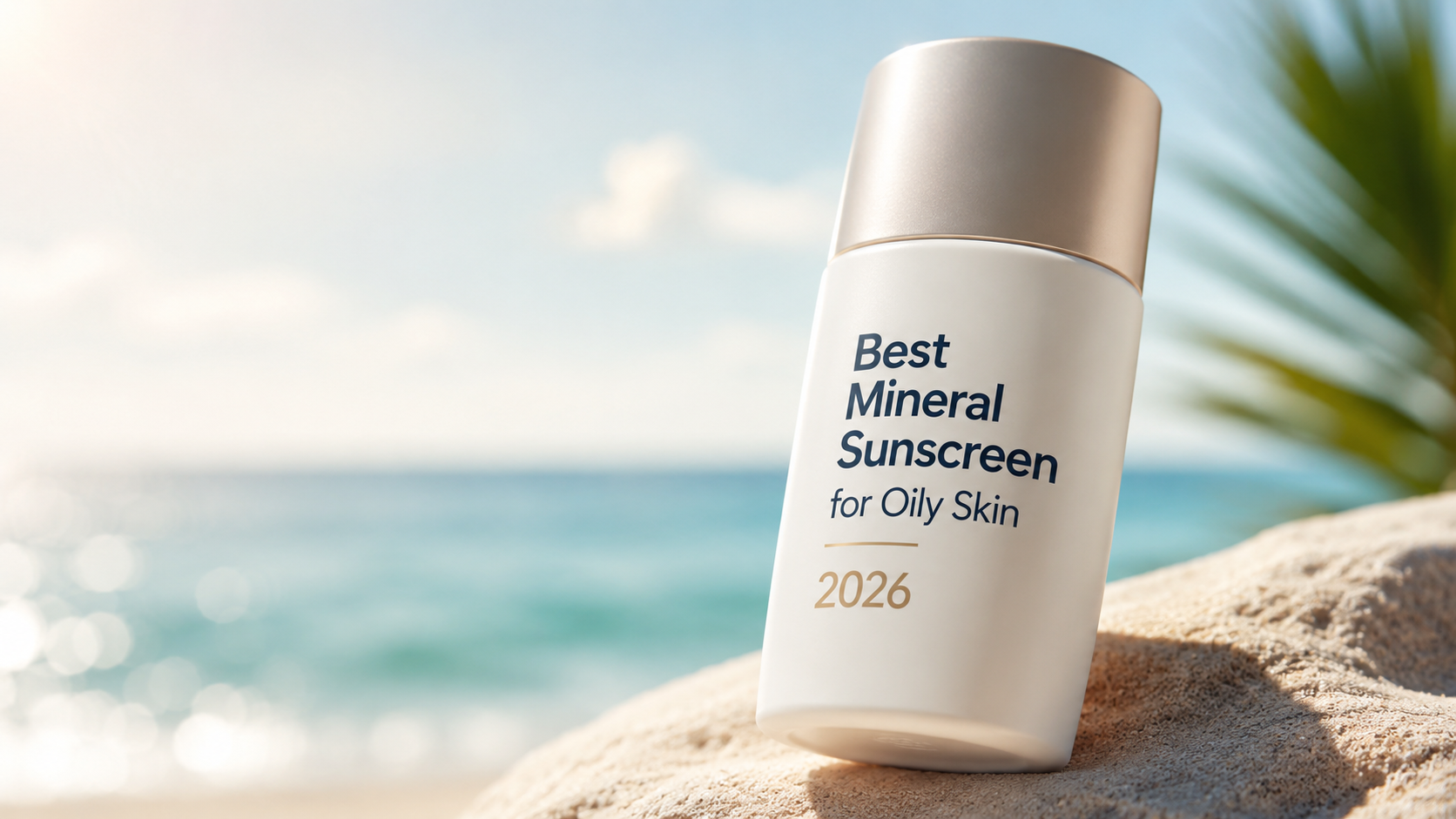 A sleek bottle of mineral sunscreen labeled "Best Mineral Sunscreen for Oily Skin 2026" is positioned on a sandy beach with a blurred ocean and palm leaves in the background.