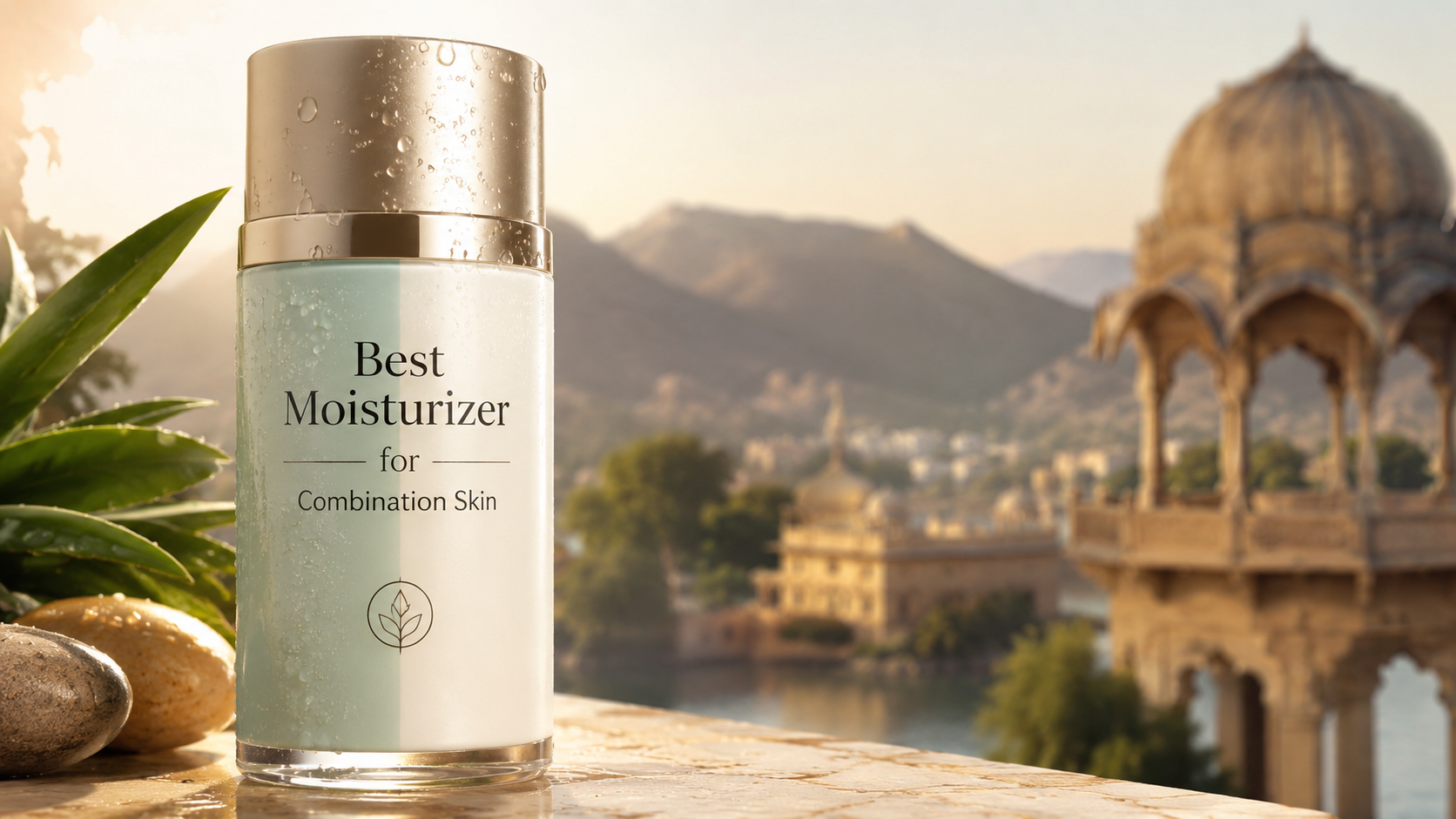 A sleek moisturizer bottle labeled "Best Moisturizer for Combination Skin" is placed on a stone surface, with a scenic backdrop of mountains and a traditional Indian architectural structure, surrounded by greenery and pebbles.
