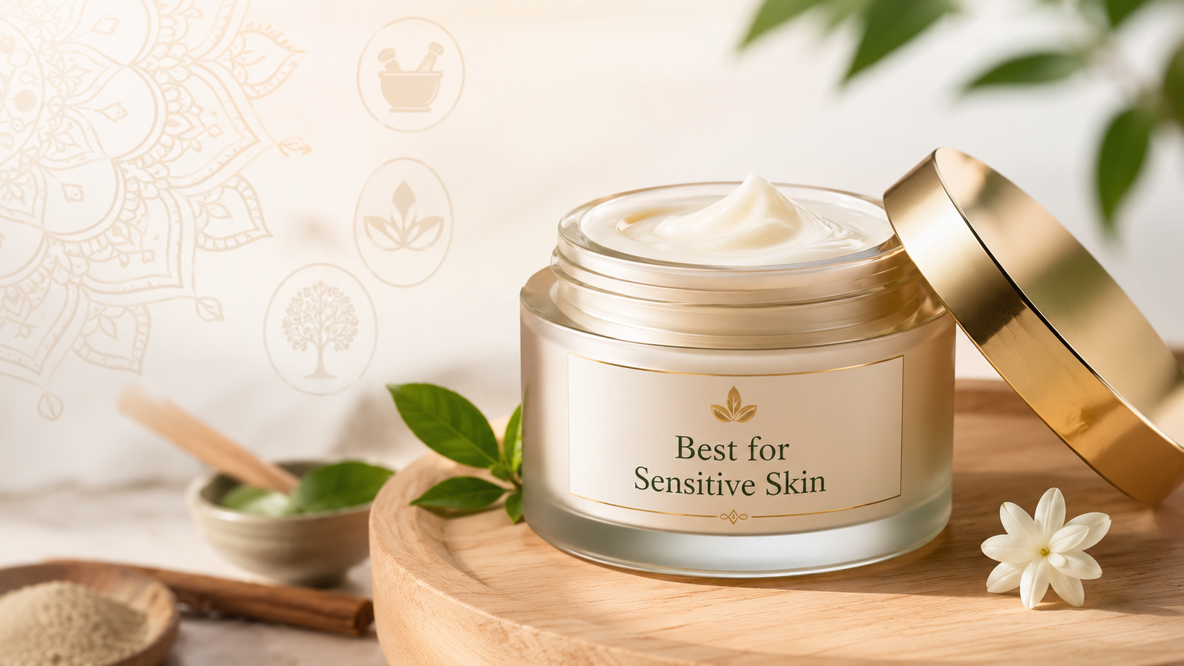 A luxurious jar of moisturizer labeled "Best for Sensitive Skin" sits on a wooden surface, surrounded by green leaves and a small spoon, with subtle botanical illustrations in the background.
