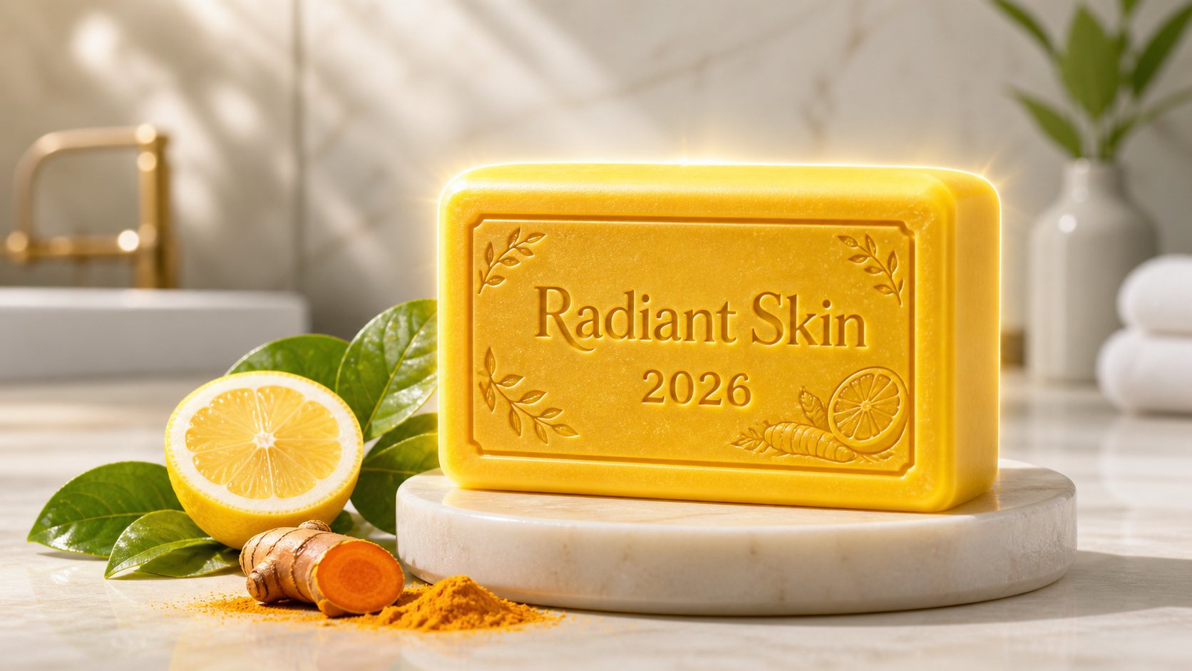 A bright yellow soap bar labeled "Radiant Skin 2026" is displayed on a marble surface, surrounded by fresh lemon, green leaves, and turmeric powder, suggesting a focus on natural ingredients for skin brightening.