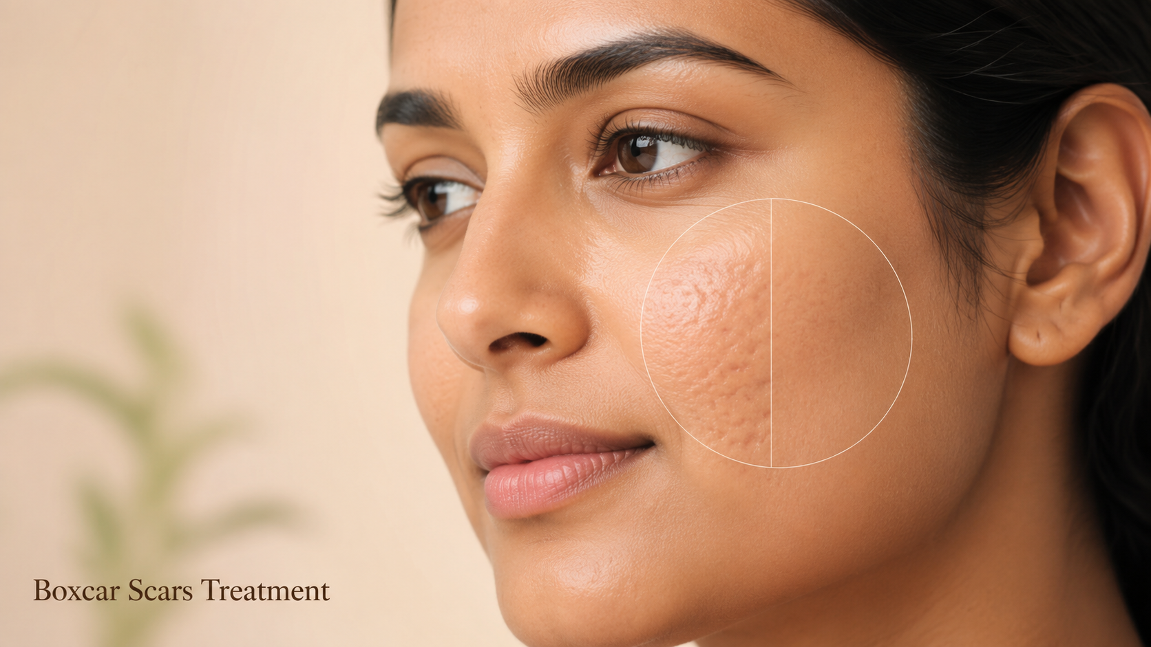 A close-up of a woman's face showcasing smooth Indian skin, with a highlighted area on her cheek displaying boxcar scars for a blog section on treatment options.