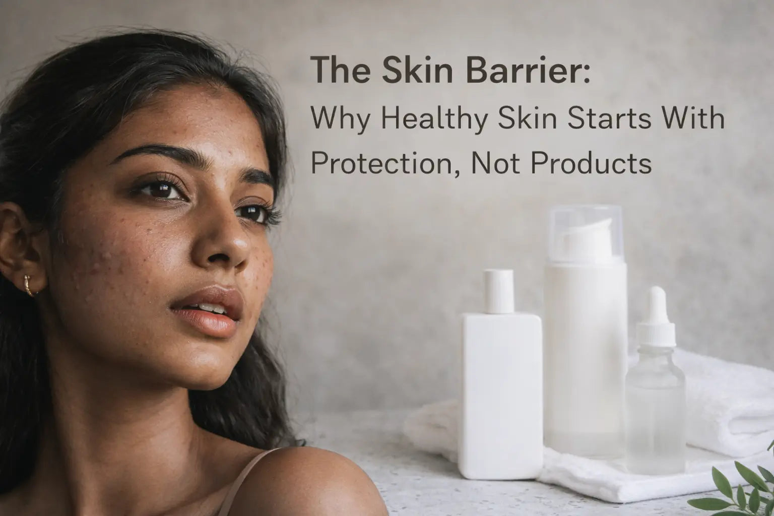 Indian woman with natural textured skin alongside unbranded skincare bottles, representing a skin barrier–focused skincare routine and healthy skin protection.
