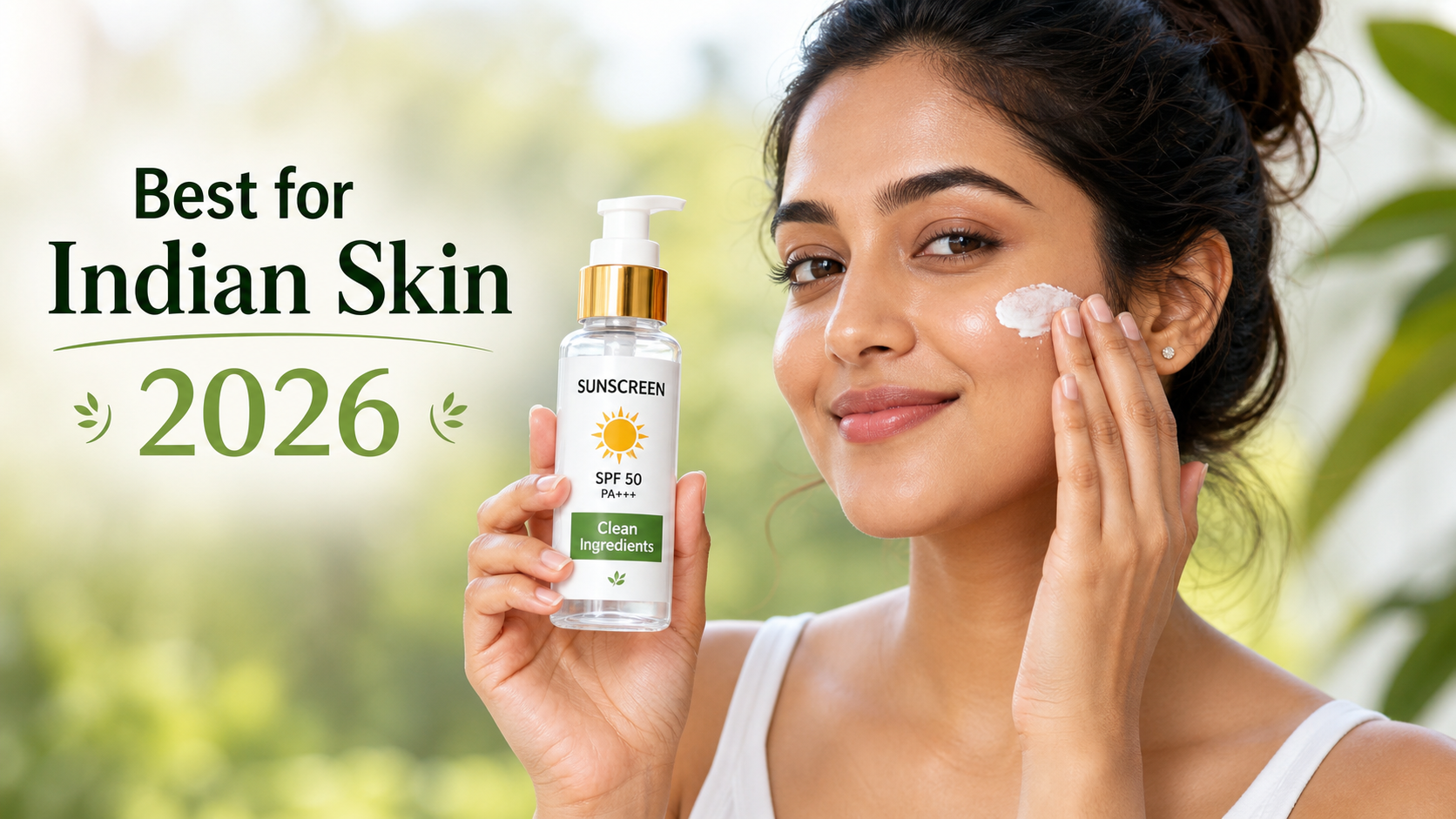 A woman applies sunscreen to her face while holding a bottle labeled "Sunscreen SPF 50" with a "Clean Ingredients" tag, set against a backdrop featuring the text "Best for Indian Skin 2026.