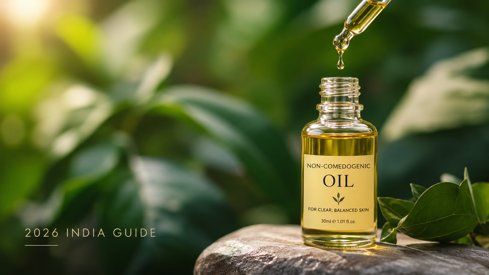 A glass bottle labeled "Non-Comedogenic Oil" sits on a stone surface, with a dropper releasing a drop of oil, surrounded by lush green leaves, conveying a natural and soothing skincare theme.