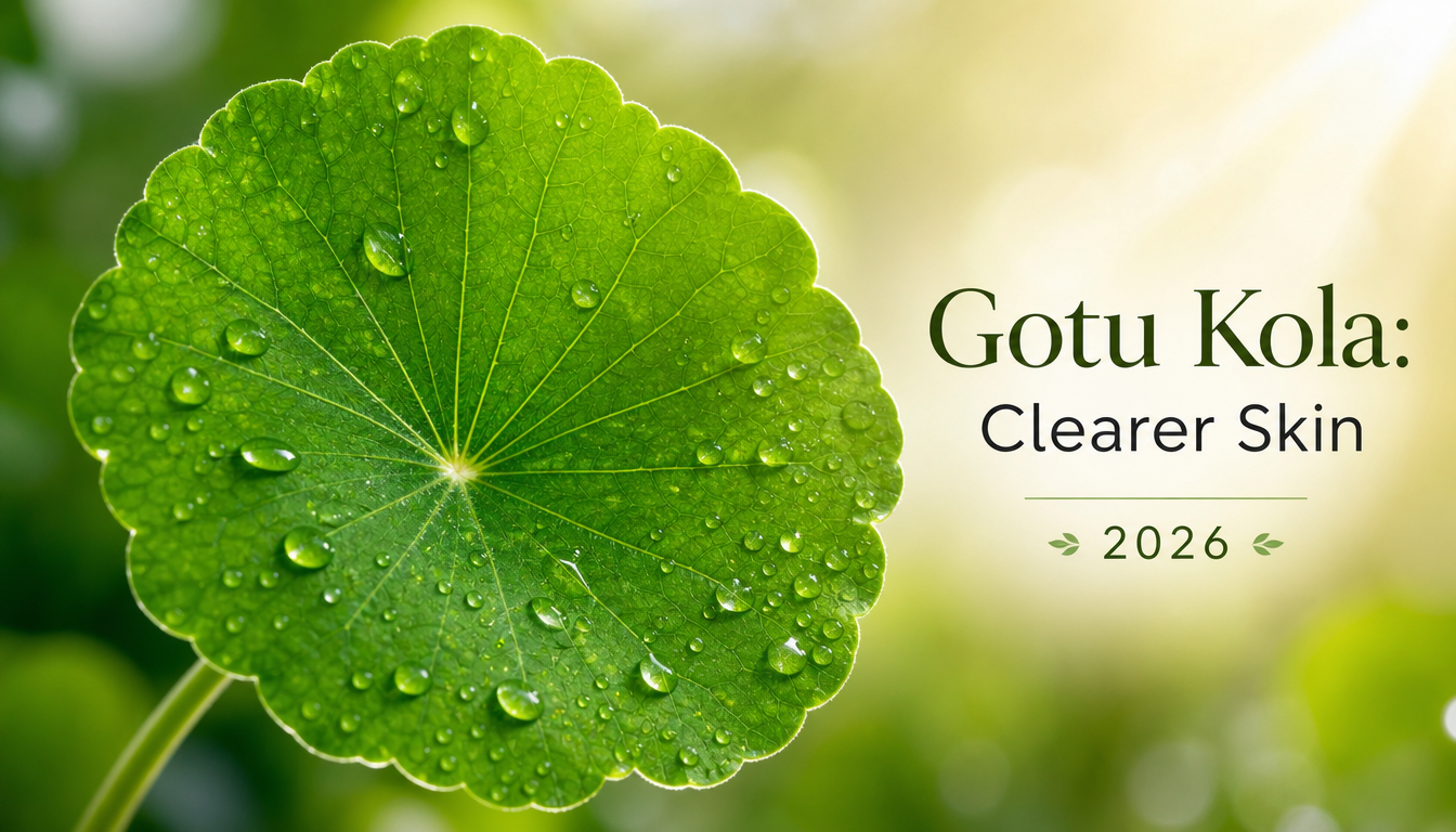 A close-up of a green Gotu Kola leaf covered in water droplets, with the text "Gotu Kola: Clearer Skin 2026" displayed alongside it.