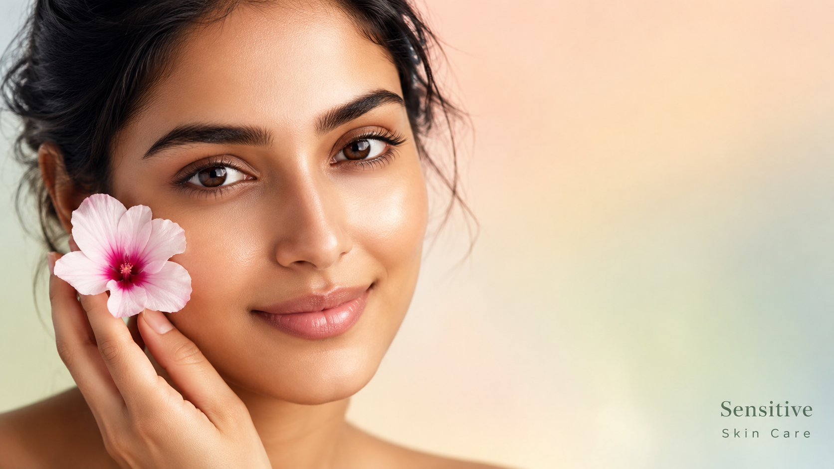 A woman with glowing skin gently holds a pink flower to her cheek, smiling softly against a pastel-colored background, emphasizing a natural and soothing approach to sensitive skin care.