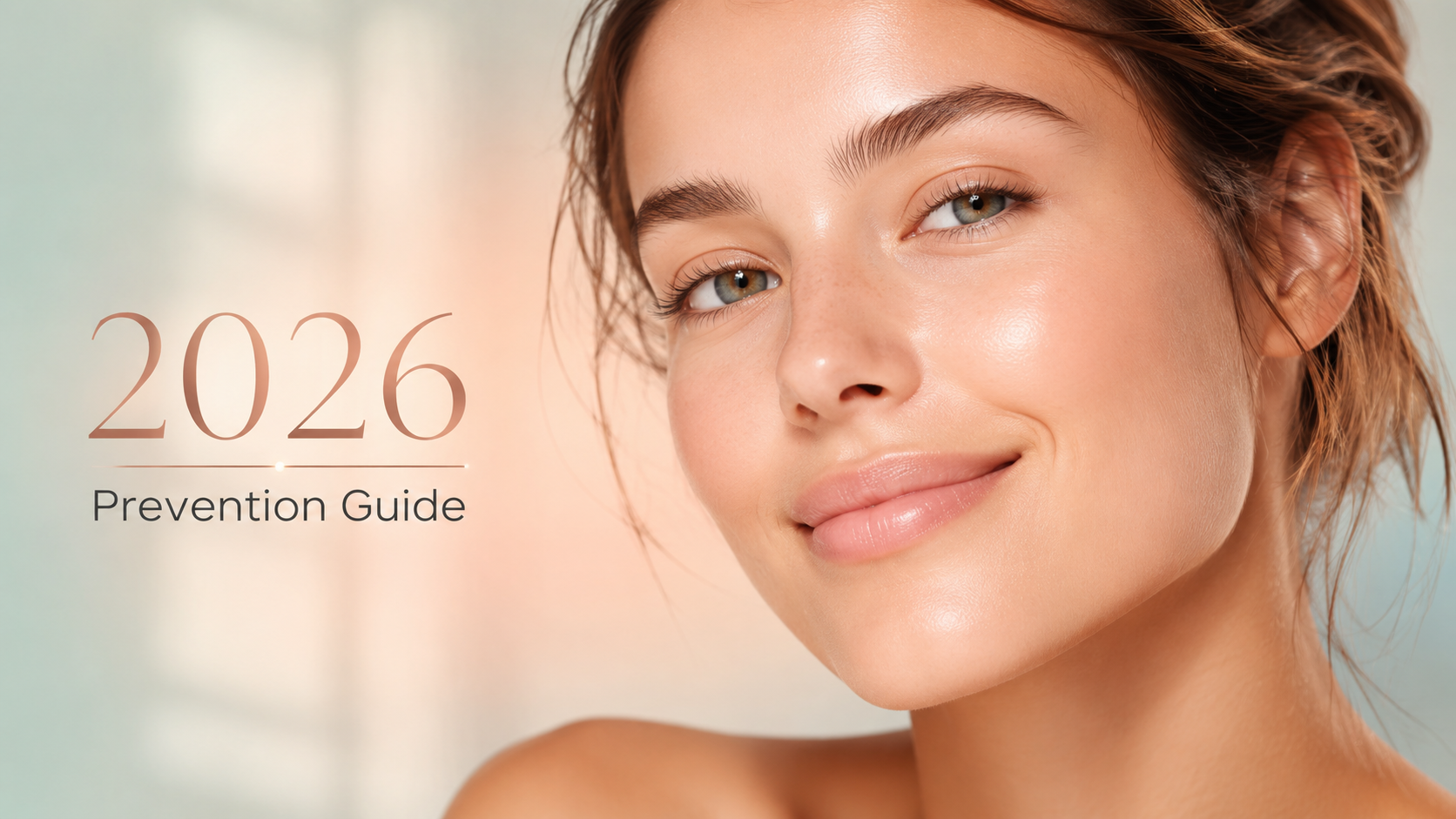 A young woman with clear skin smiles softly, showcasing a healthy glow, alongside the text "2026 Prevention Guide" in an elegant font.