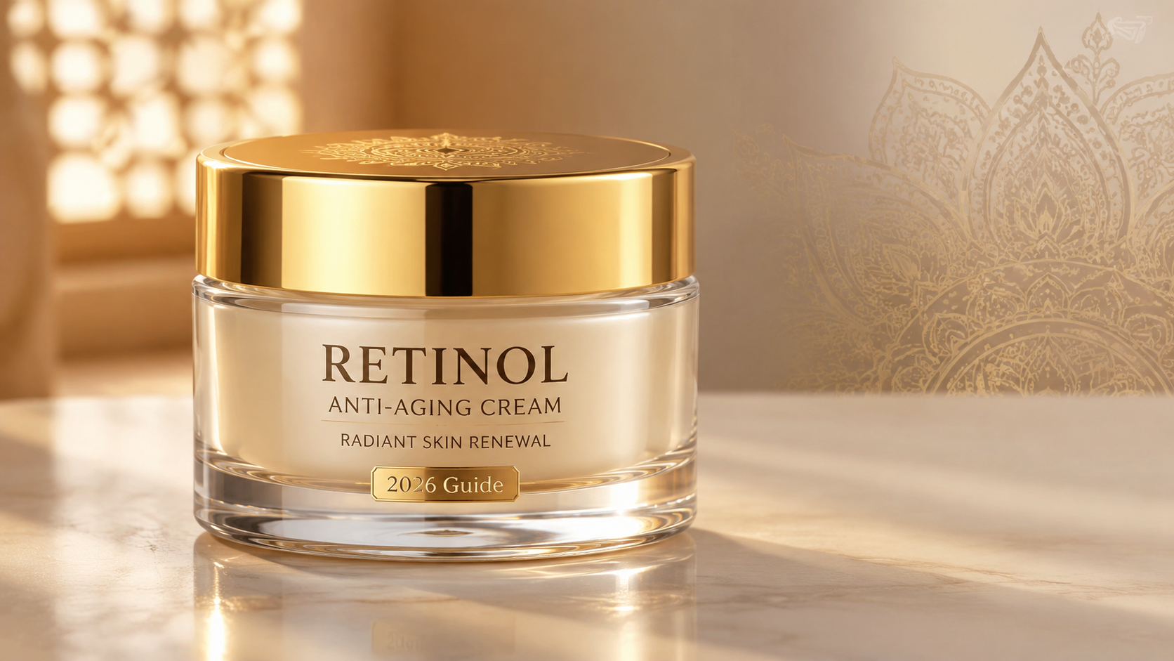 A luxurious jar of retinol anti-aging cream with a gold lid, labeled "2026 Guide," sits on a marble surface, with a soft, decorative background featuring intricate patterns and warm lighting.