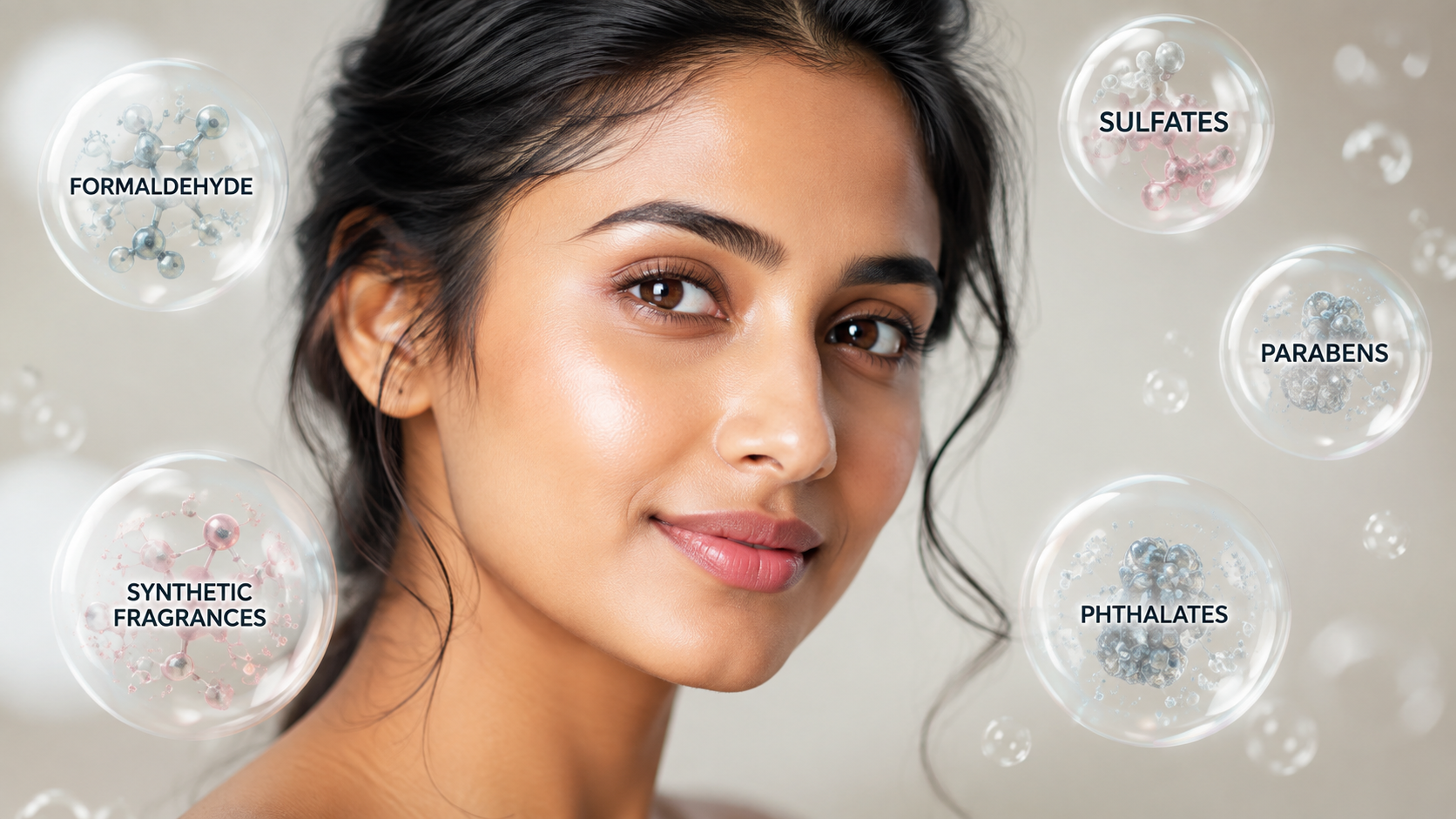 A woman with radiant skin is shown alongside bubbles containing the names of harmful skincare ingredients: Formaldehyde, Sulfates, Parabens, Synthetic Fragrances, and Phthalates, emphasizing what to avoid for healthy skin.