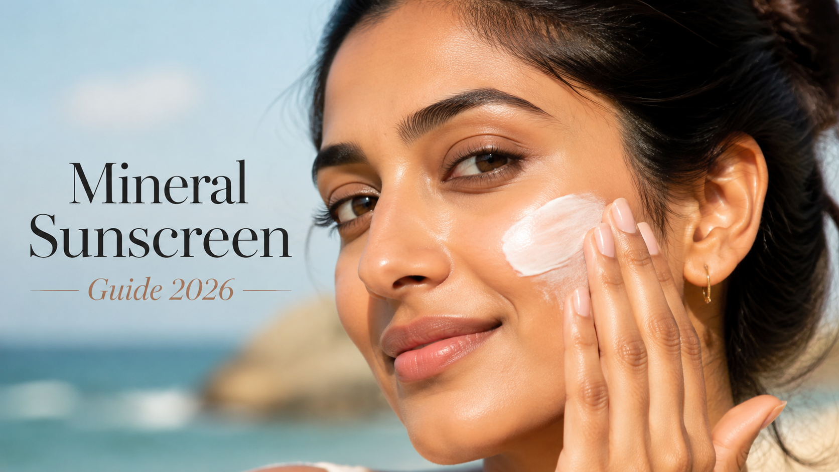 A woman applies mineral sunscreen to her face, smiling, with a beach backdrop, while the text "Mineral Sunscreen Guide 2026" is prominently displayed.