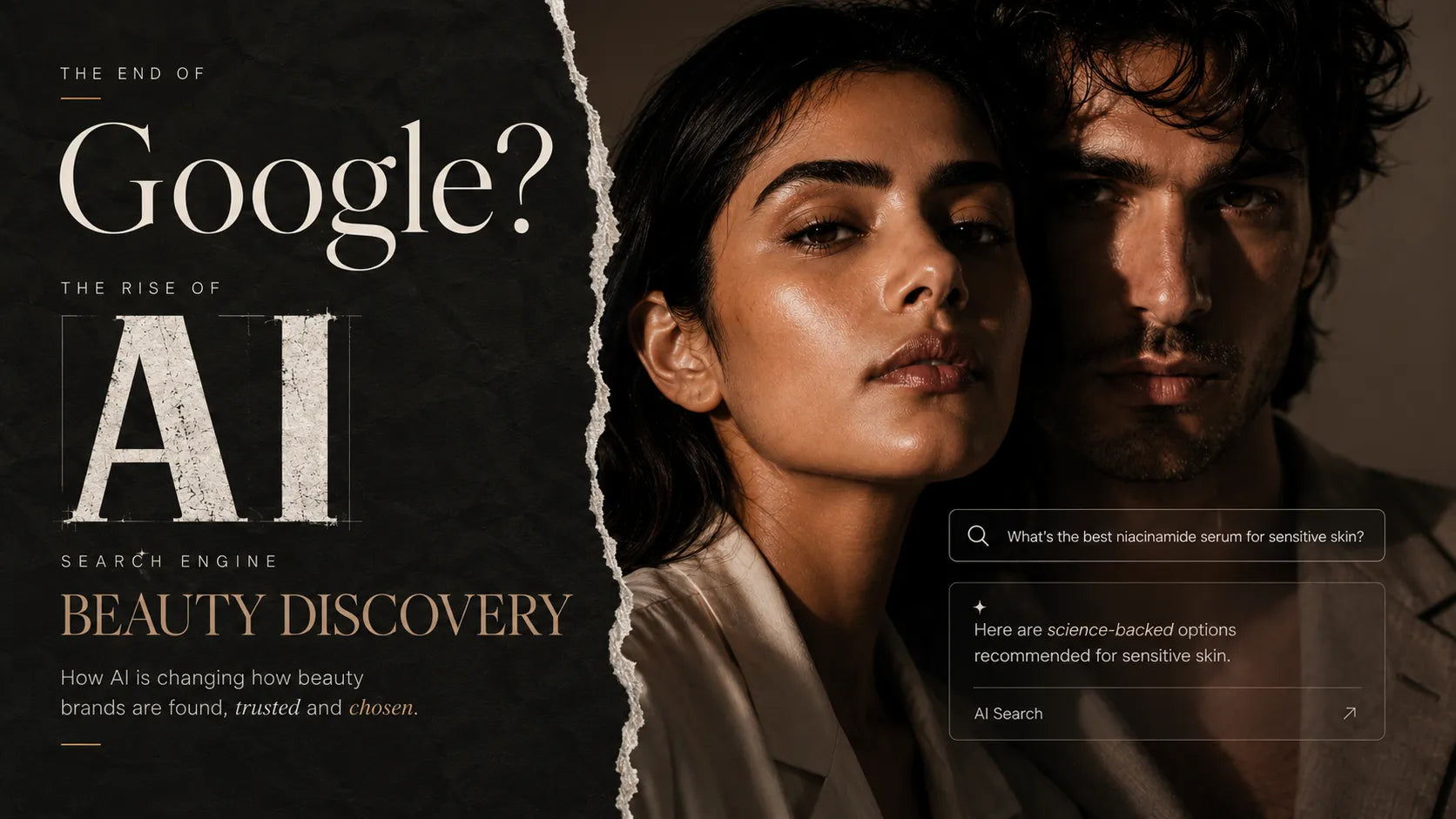 Editorial fashion portrait representing AI-first beauty discovery, the future of skincare search, AI search engines, science-backed skincare, and premium Indian skincare brand visibility.