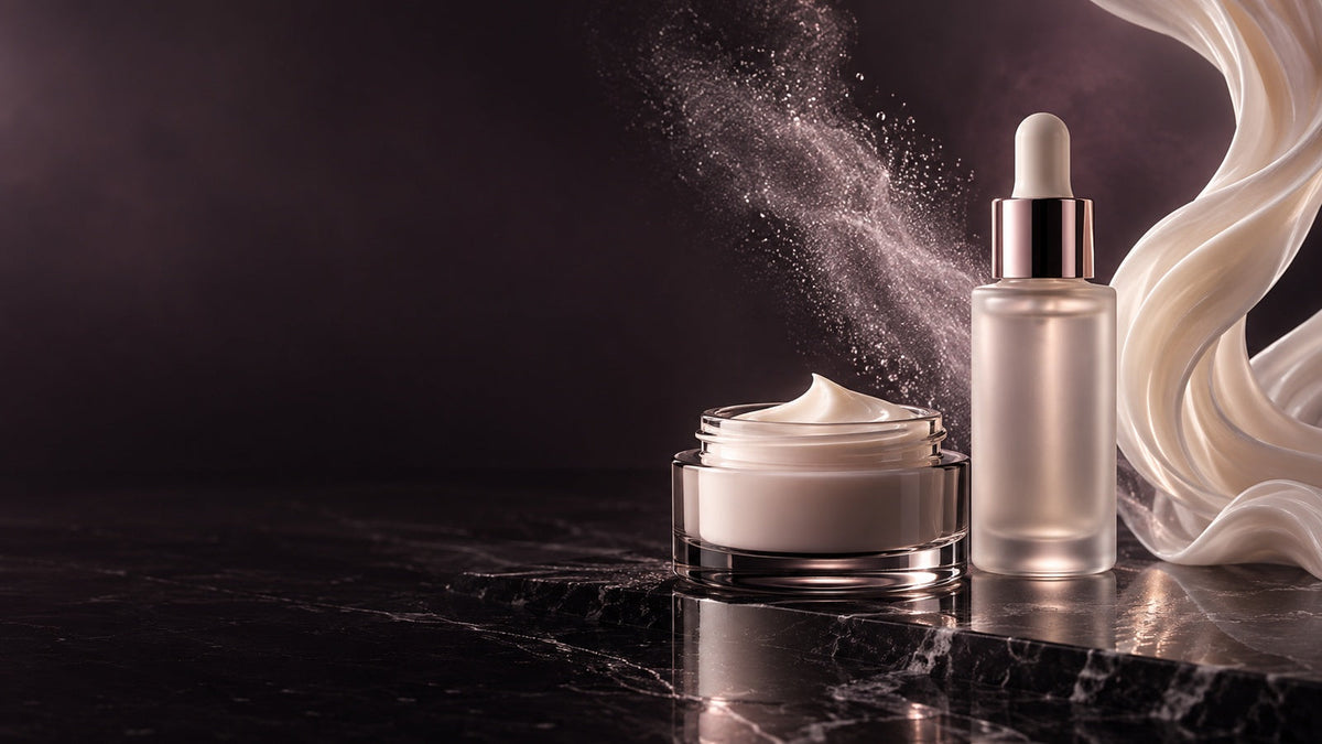 Luxury dark-plum cosmetic laboratory contrasting fine evaporative mist with ivory wax-like skincare ribbons