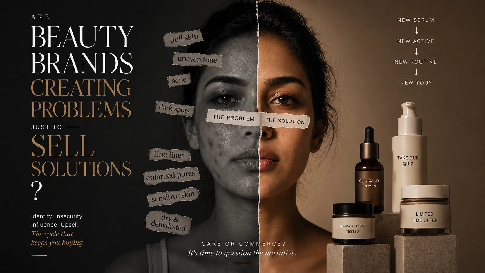 Are beauty brands creating skincare problems to sell solutions, editorial image on beauty marketing, insecurity, Indian skin, and skinimalism.