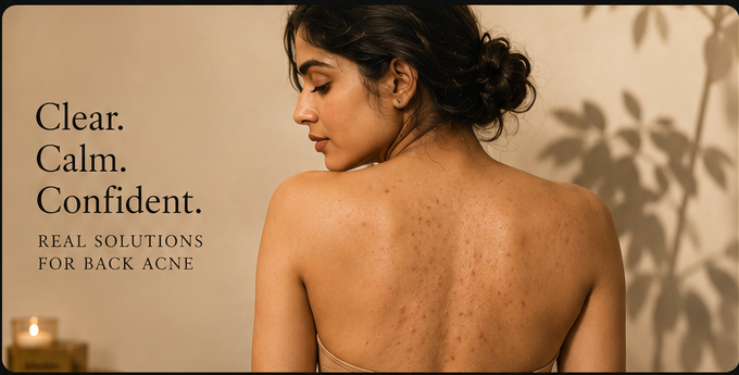 Indian woman showing back acne in a warm editorial skincare setting for a guide to back acne treatments at home