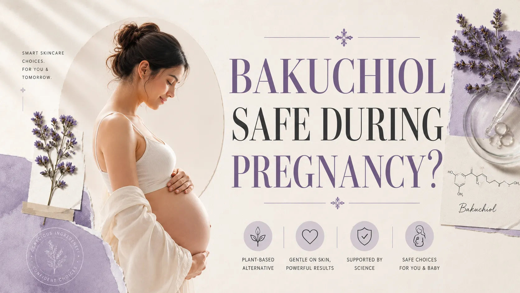 Pregnant woman in soft light holding her belly beside headline ‘Bakuchiol Safe During Pregnancy?’ with lavender and lab elements.