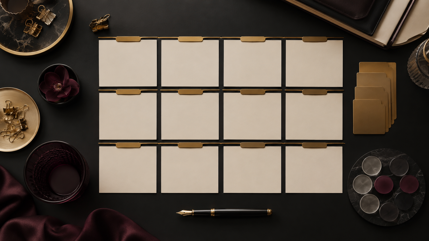 Luxury editorial twelve-month beauty media planning desk with blank calendar cards