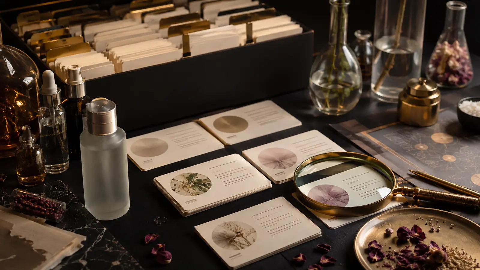 Luxury editorial ingredient reference desk for beauty writers