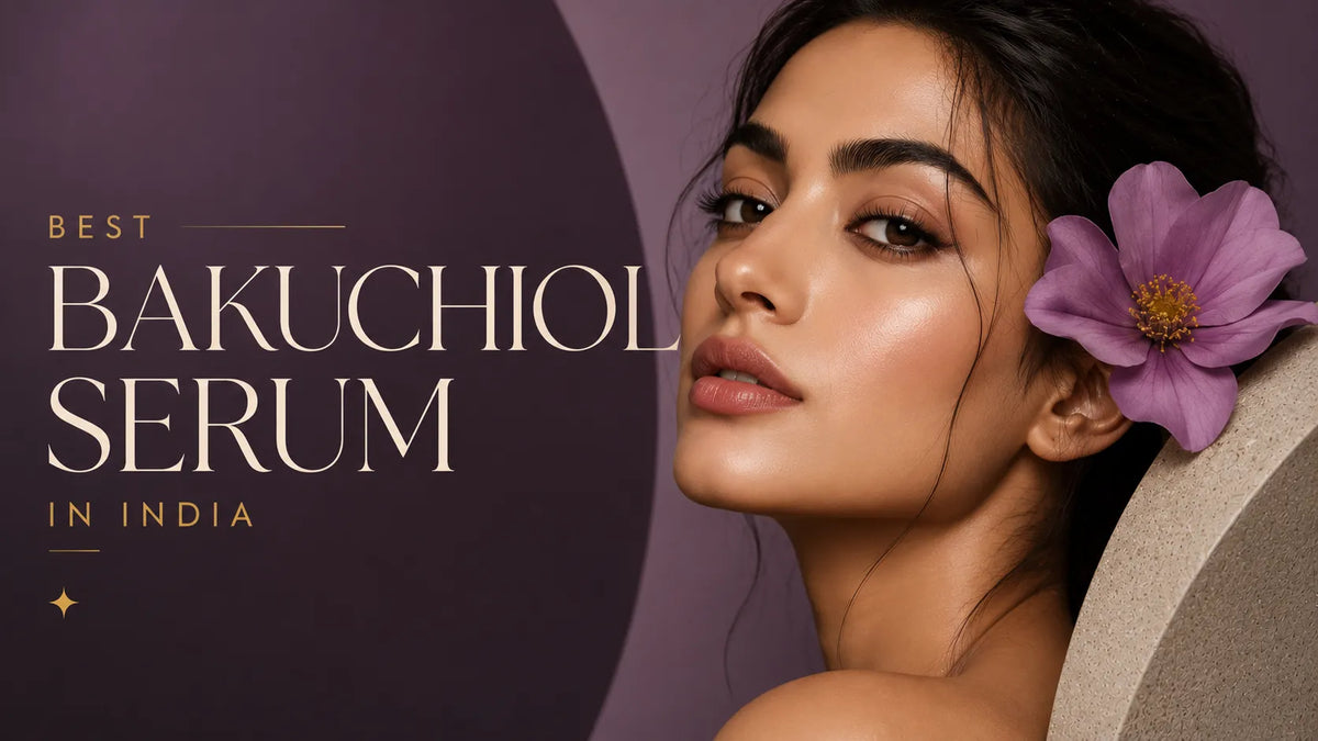A woman with glowing, healthy Indian skin next to elegant text reading "Best Bakuchiol Serum in India", showcasing the anti-aging benefits of GlowBareSkin's plant-based retinol alternative